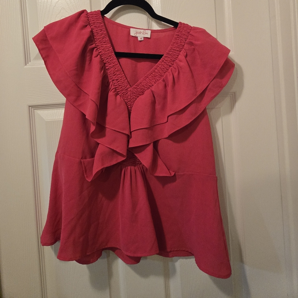 Elegant Fuchsia Ruffled V-Neck Blouse - Picture 4 of 7